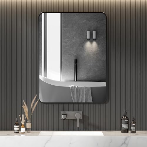 HY-RWML Wandspiegel 40x60 cm Badezimmerspiegel für Wand Rechteck mit Abgerundeten Ecken Badspiegel ohne Beleuchtung für Wand Schwarz Metallrahmen Wandspiegel von HY-RWML