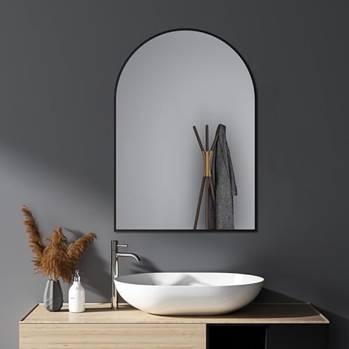 HY-RWML Wandspiegel Schwarz 50x70 cm Rundbogen Spiegel Wandmontage Edelstahl Kosmetikspiegel für Badezimmer Wohnzimmer Schlafzimmer Eingangsbereich Glatte horizontaler vertikaler Einbau von HY-RWML