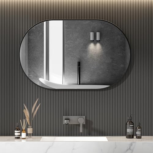 HY-RWML Wandspiegel Spiegel Schwarz 50x80 cm oval Wandmontage Edelstahl Kosmetikspiegel für Badezimmer Wohnzimmer Glatte Spiegeloberfläche horizontaler vertikaler Einbau von HY-RWML
