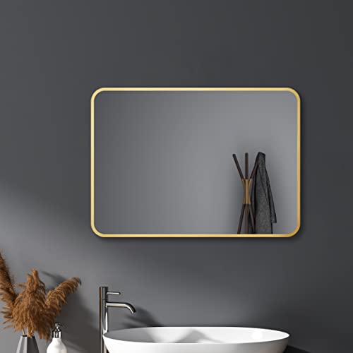HY-RWML Wandspiegel groß Gold 40x60 cm Spiegel Rechteckiger Abgerundete Ecken Wandmontage Edelstahl Kosmetikspiegel für Badezimmer Wohnzimmer Glatte Spiegeloberfläche horizontaler vertikaler Einbau von HY-RWML
