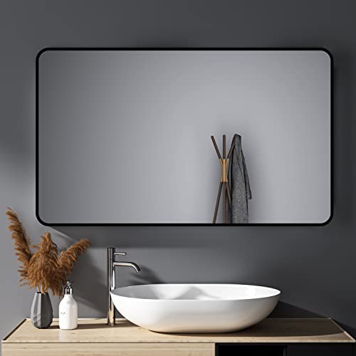 HY-RWML Spiegel Schwarz 100x60 cm Wandspiegel Rechteckiger Abgerundete Ecken Wandmontage Edelstahl Kosmetikspiegel für Badezimmer Wohnzimmer Glatte Spiegeloberfläche von HY-RWML