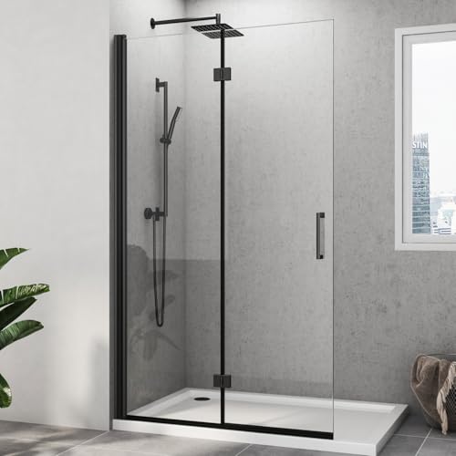 Walk in Duschwand, 90x195 cm Falttür Begehbare Dusche Duschkabine Duschtrennwand 6mm ESG-Sicherheitsglas Nano Beschichtung,Schwarz von HY-RWML