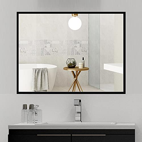 HY-RWML Wandspiegel, Schwarz Spiegel groß Rechteckiger Edelstahl Kosmetikspiegel und Splitterschutz für Badezimmer Wohnzimmer Glatte Spiegeloberfläche horizontaler und vertikaler Einbau 50x70 cm von HY-RWML
