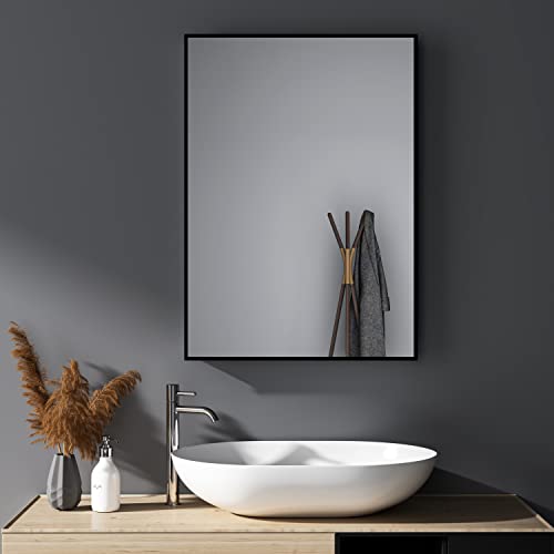HY-RWML Wandspiegel, groß Schwarz 50x70 cm Spiegel Rechteckiger Edelstahl Kosmetikspiegel und Splitterschutz für Badezimmer Waschräume Schlafzimmer horizontaler und vertikaler Einbau von HY-RWML