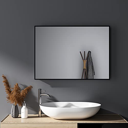 HY-RWML Wandspiegel,Spiegel groß Schwarz Rechteckiger Edelstahl Kosmetikspiegel und Splitterschutz für Badezimmer Wohnzimmer Glatte Spiegeloberfläche horizontaler und vertikaler Einbau 50x70 cm von HY-RWML