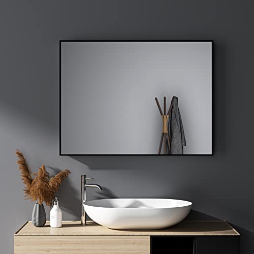 HY-RWML Wandspiegel,Spiegel groß Schwarz Rechteckiger Edelstahl Kosmetikspiegel und Splitterschutz für Badezimmer Wohnzimmer Glatte Spiegeloberfläche horizontaler und vertikaler Einbau 60x80 cm von HY-RWML
