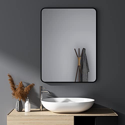 Wandspiegel Schwarz 60x80 cm Spiegel Rechteckiger groß Abgerundete Ecken Wandmontage Edelstahl Kosmetikspiegel für Badezimmer Wohnzimmer glatte Spiegeloberfläche horizontaler vertikaler Einbau von HY-RWML