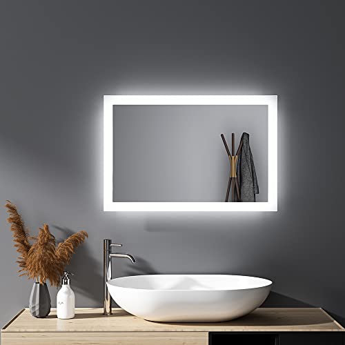 Wandspiegel mit Beleuchtung, Badspiegel 40x60cm Badezimmerspiegel Rechteckiger WandSchalter LED Kaltweiß 6500K IP67 energiesparend Hintergrundbeleuchtung horizontaler und vertikaler Einbau A++ von HY-RWML