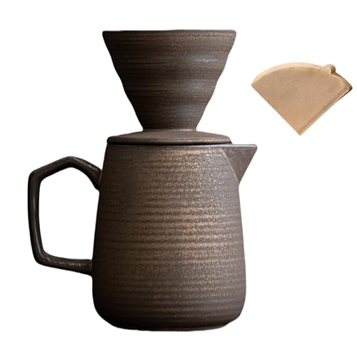 HYAXGM Kaffeebereiter zum Übergießen, Keramik-Kaffeemaschine mit 100 Stück V60-Papierfilter, 600 ml (Retro-Gold) von HYAXGM