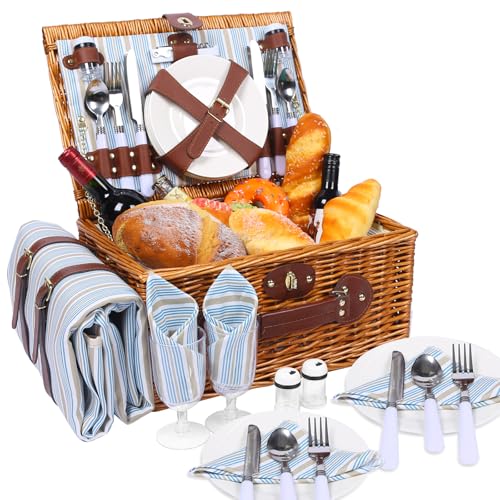 HYBDAMAI Picknickkorb Set für 4 Person mit Kühlfach und wasserdichte Picknickdecke, Abnehmbarer Riemen, Weinbeutel, Besteck Set, für Camping, Strand, Wandern, BBQ und Familie/Paare Geschenke, Zubehör von HYBDAMAI