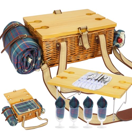 HYBDAMAI Picknickkorb-Set mit Klapptisch und Besteck-Set, Picknickkorb für 4 Personen mit kühltaschen, Flechtkorb mit Henkel, Weidenkorb Geschenkset für Picknick Camping Outdoor Party von HYBDAMAI