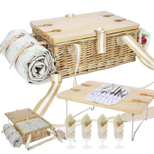 HYBDAMAI Picknickkorb-Set mit Klapptisch und Besteck-Set, Picknickkorb für 4 Personen mit kühltaschen, Flechtkorb mit Henkel, Weidenkorb Geschenkset für Picknick Camping Outdoor Party von HYBDAMAI