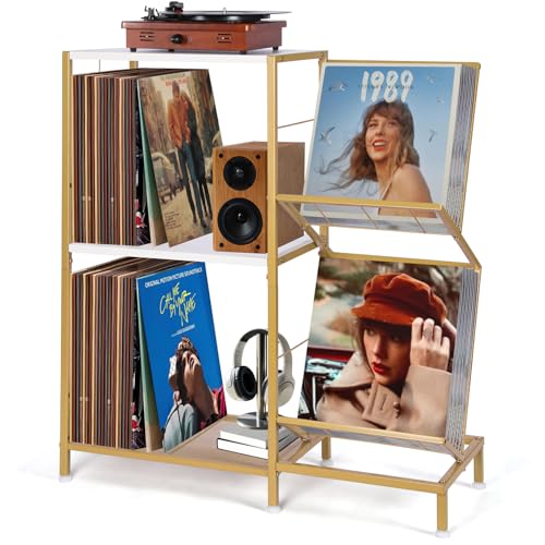HYCFYJR Plattenspieler Ständer, Schallplatten Aufbewahrung mit 2-stufiger Vinyl Halter und Metallrahmen, Plattenspieler Regal Beistelltisch für Wohnzimmer, Gold Weiß HYCFYJR Plattenspieler Ständer, Schallplatten Aufbewahrung mit 2-stufiger Vinyl Halter und Metallrahmen, Plattenspieler Regal Beistelltisch für Wohnzimmer, Gold Weiß von HYCFYJR
