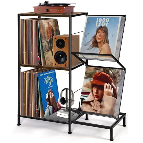 HYCFYJR Plattenspieler Ständer, Schallplatten Aufbewahrung mit 2-stufiger Vinyl Halter und Metallrahmen, Plattenspieler Regal Beistelltisch für Wohnzimmer, Rustikales Braun HYCFYJR Plattenspieler Ständer, Schallplatten Aufbewahrung mit 2-stufiger Vinyl Halter und Metallrahmen, Plattenspieler Regal Beistelltisch für Wohnzimmer, Rustikales Braun von HYCFYJR