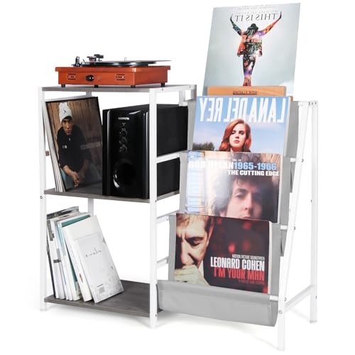 HYCFYJR Plattenspieler Ständer, Schallplatten Aufbewahrung mit 3-stufiger Vinyl Halter, Schallplattenständer mit Now Playing Vinyl Stand, Plattenspieler Regal Beistelltisch für Wohnzimmer, Grau Weiß HYCFYJR Plattenspieler Ständer, Schallplatten Aufbewahrung mit 3-stufiger Vinyl Halter, Schallplattenständer mit Now Playing Vinyl Stand, Plattenspieler Regal Beistelltisch für Wohnzimmer, Grau Weiß von HYCFYJR