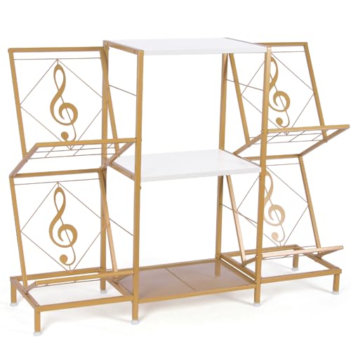 HYCFYJR Plattenspieler Ständer, Schallplatten Aufbewahrung mit 4-stufiger Vinyl Halter und Metallrahmen, Plattenspieler Regal Beistelltisch für Wohnzimmer, Gold Weiß HYCFYJR Plattenspieler Ständer, Schallplatten Aufbewahrung mit 4-stufiger Vinyl Halter und Metallrahmen, Plattenspieler Regal Beistelltisch für Wohnzimmer, Gold Weiß von HYCFYJR