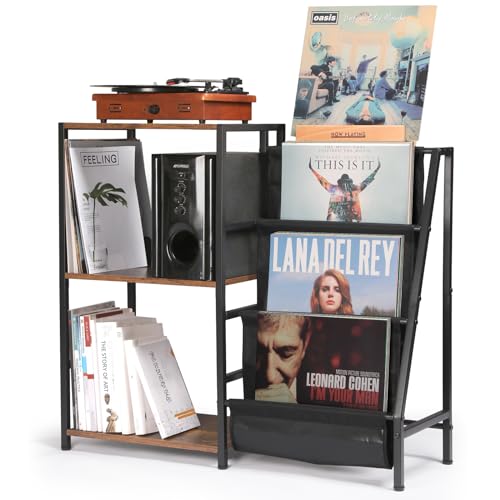 HYCFYJR Plattenspieler Ständer mit Jetzt Vinyl-Album-Display, Plattenspielertisch mit 3-stöckiger Schallplatten Aufbewahrung, Vinyl Schallplattenständer Regal für Wohnzimmer, Rustikales Braun HYCFYJR Plattenspieler Ständer mit Jetzt Vinyl-Album-Display, Plattenspielertisch mit 3-stöckiger Schallplatten Aufbewahrung, Vinyl Schallplattenständer Regal für Wohnzimmer, Rustikales Braun von HYCFYJR