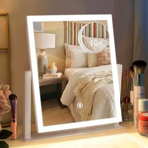 HYCFYJR Schminkspiegel mit Beleuchtung, Dimmbar Kosmetikspiegel mit Licht, 360°Drehung Tischspiegel mit 10X Vergrößerungspiegel, 3 Farbmodi, Makeup Spiegel Mirror Weiß von HYCFYJR