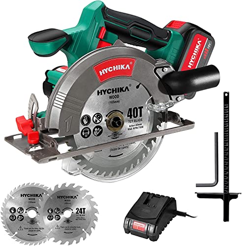 HYCHIKA Akku Handkreissäge, 18V Kreissäge mit 2xSägeblättern 165mm, Max Schnitttiefe 53mm(90°)/36mm(45°), Akkusäge mit führungsschiene (Inklusive 4.0Ah Batterien zu Ladegerät) von HYCHIKA BETTER TOOLS FOR BETTER LIFE