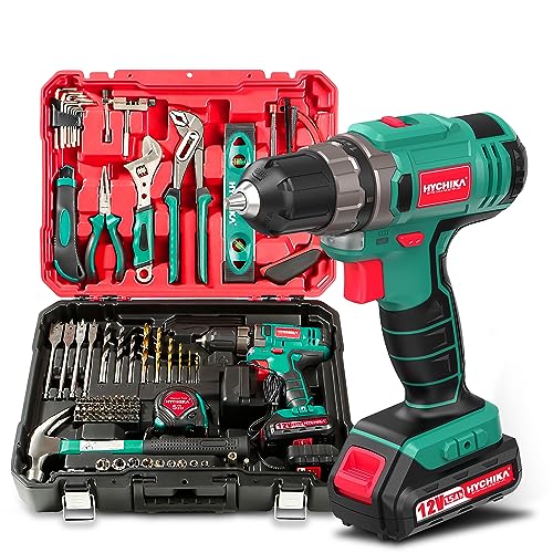 HYCHIKA DIY Werkzeugkoffer Gefüllt Profi, mit Akku Bohrschrauber 30Nm + 104-tlg Hochwertiges Haushalts-Universal Werkzeug Set + Praktische Werkzeugkastenverpackung. Für Reparaturen und Wartungen von HYCHIKA BETTER TOOLS FOR BETTER LIFE