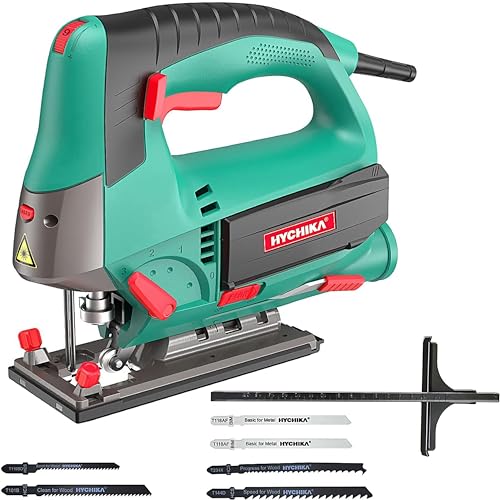 HYCHIKA Stichsäge, 800W Max Holz Schnitttiefe 110mm, 800-3000SPM Elektrische Stichsäge mit Laser, 6 Blätter, Fasenschneiden: -45 °bis 45° von HYCHIKA BETTER TOOLS FOR BETTER LIFE