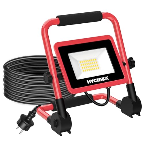HYCHIKA LED Baustrahler 30W, Baustellen Strahler 3500 LM 6500K kaltweiß, IP65 Wasserdicht, Tragbare Arbeitsleuchte, Arbeitsbeleuchtung mit 2m Netzkabel und Stecker von HYCHIKA BETTER TOOLS FOR BETTER LIFE