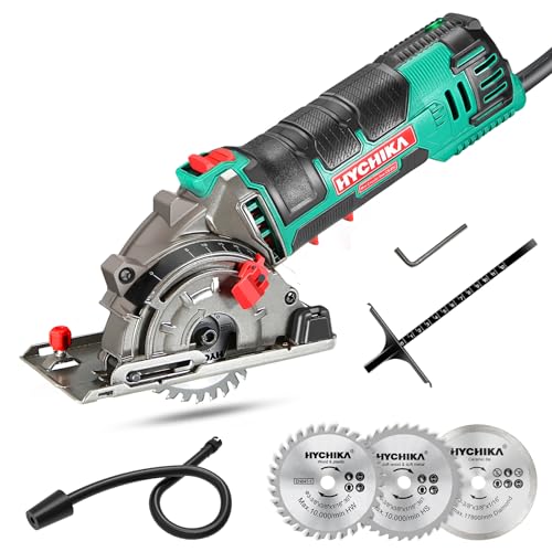 Mini Kreissäge, HYCHIKA Handkreissäge mit 3 Sägeblättern, Skalenlineal, 500W Motor aus reinem Kupfer, 4500RPM, Ideal für Holz-, Weichmetall-, Fliesen- und Kunststoffschnitte von HYCHIKA BETTER TOOLS FOR BETTER LIFE