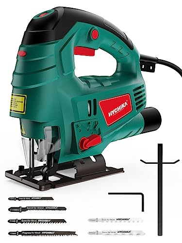 Stichsäge, 800W Max Holz Schnitttiefe 110mm, 800-3000SPM HYCHIKA Elektrische Stichsäge mit Laser, 7 Variable Geschwindigkeiten und 0-3 Orbital Position, 6 Blätter, Fasenschneiden: -45 °bis 45 von HYCHIKA BETTER TOOLS FOR BETTER LIFE