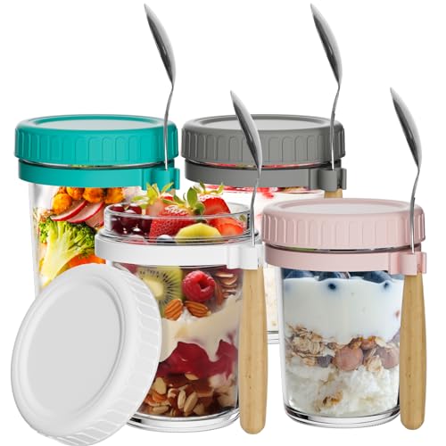 12oz Overnight Hafergläser 4pack, Overnight Haferbehälter mit Deckel und Löffel, Glas Mason Gläser mit Messmarken Luftdicht für Haferflocken, Getreide, Joghurt, Obstsalat,meal prep gläser von HYCKee