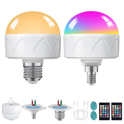HYDONG Aufladbare Glühbirne mit Batterie, E27/E14 Farbwechsel Akku Glühbirne mit Fernbedienung, USB-C Wiederaufladbare Birnen mit Timing Funktion, 3 Farbtemperaturen, 12 Farbige, Dimmbar, 2 Stück von HYDONG
