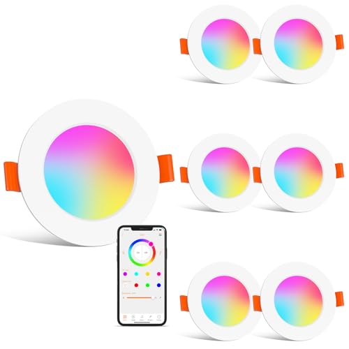 HYDONG Smart LED Einbaustrahler Flach 8W LED Spots 230V, IP44 Bad Einbauleuchten 68mm Kompatibel mit Alexa, Warmweiß & RGB Bluetooth Deckenspots Farbwechsel für Wohnzimmer Schlafzimmer Küche, 6er Set von HYDONG