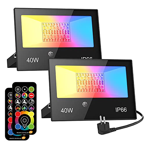 RGB LED Strahler Außen 40W Fluter Mit Fernbedienung, 120 Farben 5 Modi Farbwechsel Flutlicht LED Innen, 4000LM Kaltweiß IP66 Wasserdicht Außenstrahler für Garten, Hinterhof, Garage, Flur - 2er/Set von HYDONG