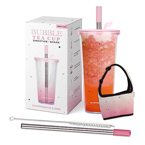 HYDRATE 2.ONE 700ml Bubble Tea Becher mit Boba Strohhalm und Tragegriff | Trinkbecher mit Deckel aus Plastik, Becher ideal als Cocktailgläser, für Tea mit Boba perlen & Eiskaffee oder Smoothie von HYDRATE 2.ONE