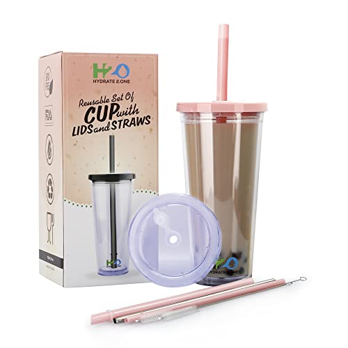 Bubble Tea Becher mit Strohhalm 2x Deckel - Trinkbecher Für Boba, Smoothie, Eiskaffee, Milchshake - 700ml Doppelwandig isoliert, BPA frei Plastikbecher Auslaufsicherer, Wiederverwendbar, Durchsichtig von HYDRATE 2.ONE