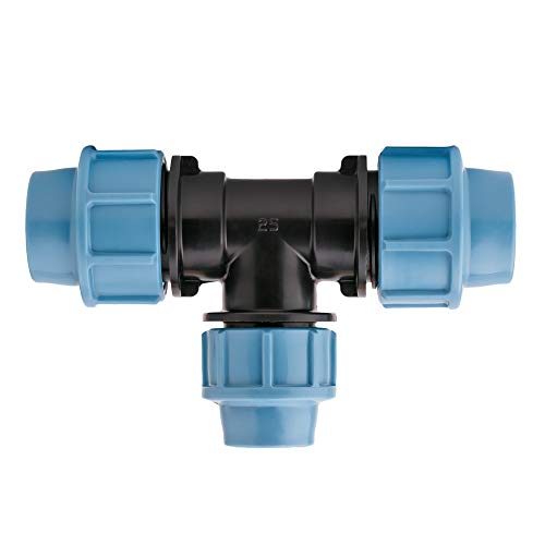 HYDROBIL MDPE Fitting für Wasserrohre, T-Stück 25mm x 20mm x 25mm, für MDPE Kunststoffrohre, 16 Bar, Max. Temp. 45°C, Klemmringverschraubungen von HYDROBIL