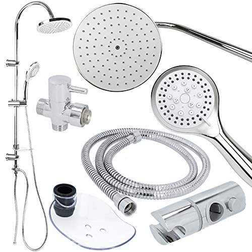 HYDROLAND Duschsystem ohne Armatur Duschset 10 Teilig | Duschstange Halterung Regendusche 20cm Handbrause 5 Funktionen | Duschbrause Duschschlauch Brauseschlauch | Kalkfilter Armatur Bad Wassersparend von Hydroland