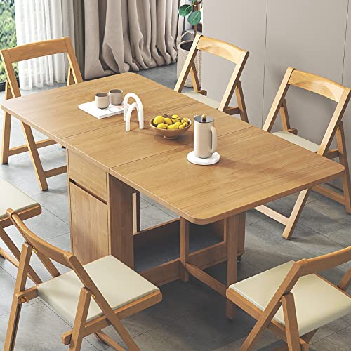 HYDZYXGS Esstisch-Set, zusammenklappbarer Küchentisch aus Holz, Klapptisch mit 4 Stühlen, platzsparender, ausziehbarer Esstisch, für Wohnzimmer, Esszimmer, einziehbar, 1,4 m, Holzfarbe von HYDZYXGS
