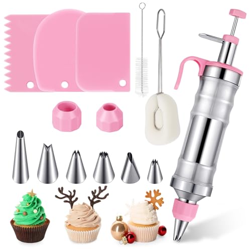 HYEIOL Garnierspritze Edelstahl 14-Teiliges Set, 400ml Tortenspritze Garnierspritze Wiederverwendbarer, Profi Sahnespritze mit 6 Tüllen für Cupcakes, Kuchen Dekoration (Pink) von HYEIOL