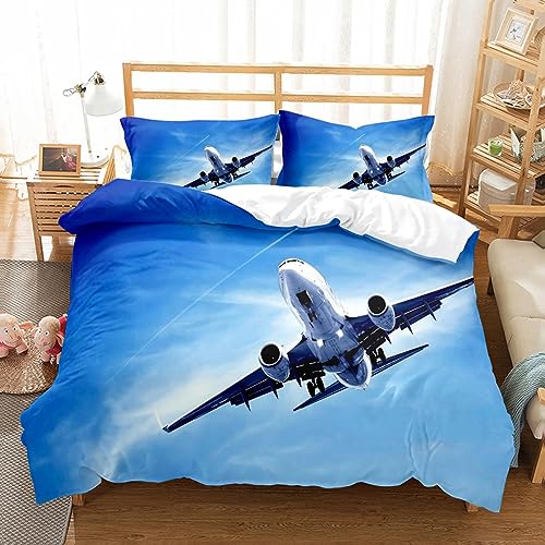 3D-Bettwäsche-Set, Flugzeug, Blauer Himmel, Bedruckt, Queen-Size-Bettwäsche für Jungen und Kinder, Flugzeug-Bettbezug-Set, Flugzeuge, Heimtextilien-Bettwäsche 160x210cm von HYFBH