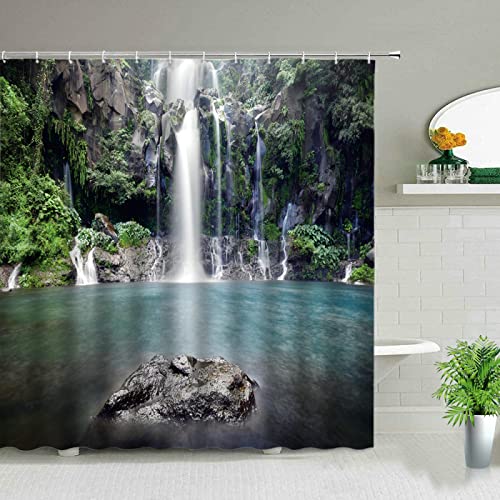 3D Wasserdichter Duschvorhang Wasserfall Wald Frühlingslandschaft Polyestergewebe Badezimmervorhang Waschbarer Dekor Badvorhang 120x220cm/WxH von HYFBH