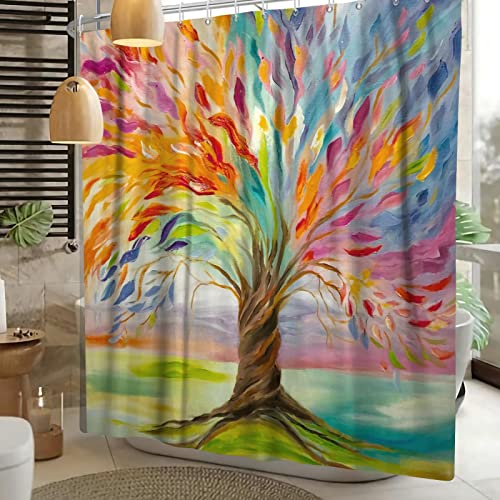 Aquarell Baum Duschvorhang Sets Badezimmer Dekor Wasserdicht Bunte Blumen Boho Duschvorhang Stoff Mit Haken 90x185cm/BxH von HYFBH