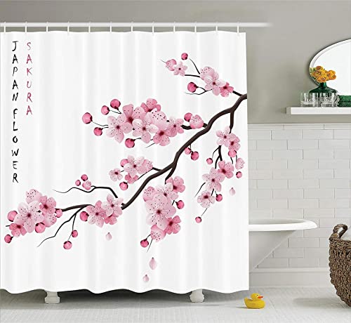 Asiatischer Dekor-Duschvorhang, Illustration japanischer Kirschzweige mit blühenden Blumen Frühlings-dekoratives Boho-Kunst-Badezimmer 100x200cm/BxH von HYFBH