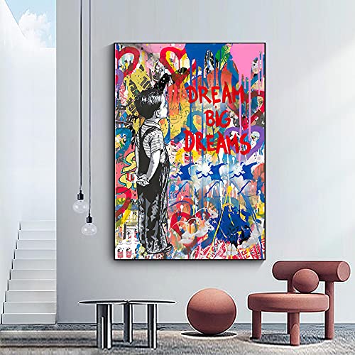 HYFBH Banksy Artwork Dream Big Dreams Graffiti Art Leinwand Gemälde an der Wand Moderne Street Art Poster und Drucke für Wohnkultur 90 x 140 cm mit Rahmen von HYFBH