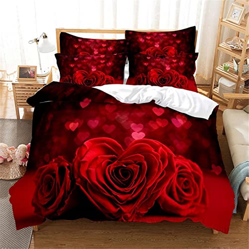 Bettwäsche-Set mit roten Rosen, Steppdecke, Bettbezug, Tröster, Kissenbezug, 3D-HD, Doppelbett, voll, King-Size-Bett, Doppelbett, Einzelbett, Schlafzimmer-Dekoration für Bett, 200 x 230 cm, Bettbezug von HYFBH