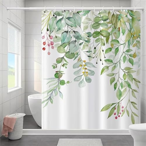 Blätter Badezimmer Vorhänge Aquarell Blumen Pflanzen Duschvorhang Badezimmer Polyester Wasserdichter Stoffbesatz mit Haken 160x160cm/BxH von HYFBH