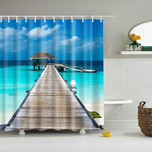 Blauer Himmel, Strand-Duschvorhang, moderner Landschaftsdruck, Badezimmer, 3D-Verdunkelungsvorhang, große Duschvorhänge für Badezimmer-Dekor 150x210cm/BxH Lange Duschvorhänge von HYFBH