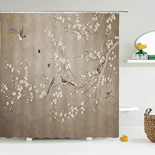 Chinesischer Stil Blumenvogel Duschvorhänge Wasserdichter Badezimmervorhang 3D-Gedruckter Stoff mit Haken Dekoration Duschvorhang 200x230cm/BxH Lange Duschvorhänge von HYFBH