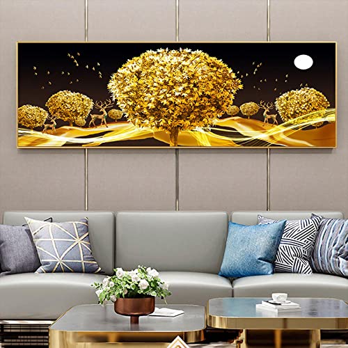 Frame Wall Art Golden Fortune Tree Deer Leinwand Gemälde Nordic Poster und Drucke Home Decor Wandkunst Bilder für Wohnzimmer 100x200cm(39x79inch) mit Goldrahmen von HYFBH