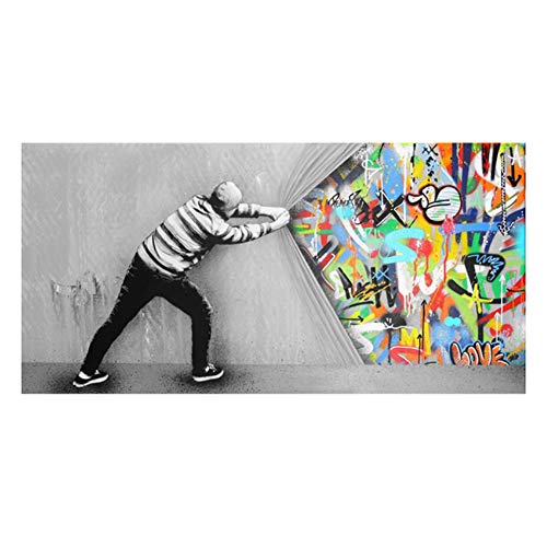 Gemälde auf Leinwand hinter dem Vorhang Graffiti-Kunst Poster und Drucke Straßenwandkunst Bild für Wohnzimmer Wohnkultur 80 x 160 cm (32 x 63 Zoll) ohne Rahmen von HYFBH