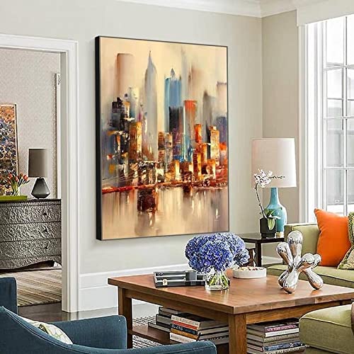 Große Original Abstrakte Stadt Kunst Gemälde New York Skyline Wand Poster Drucke Leinwand Kunst Malerei Bild für Wohnzimmer Dekor 80x123cm/31x48inch Schwarzer Rahmen von HYFBH